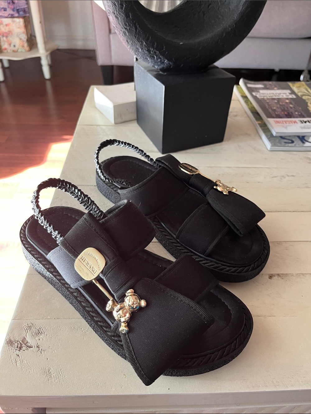 Black Bow Slingback Sandals with Gold Accent - Women
